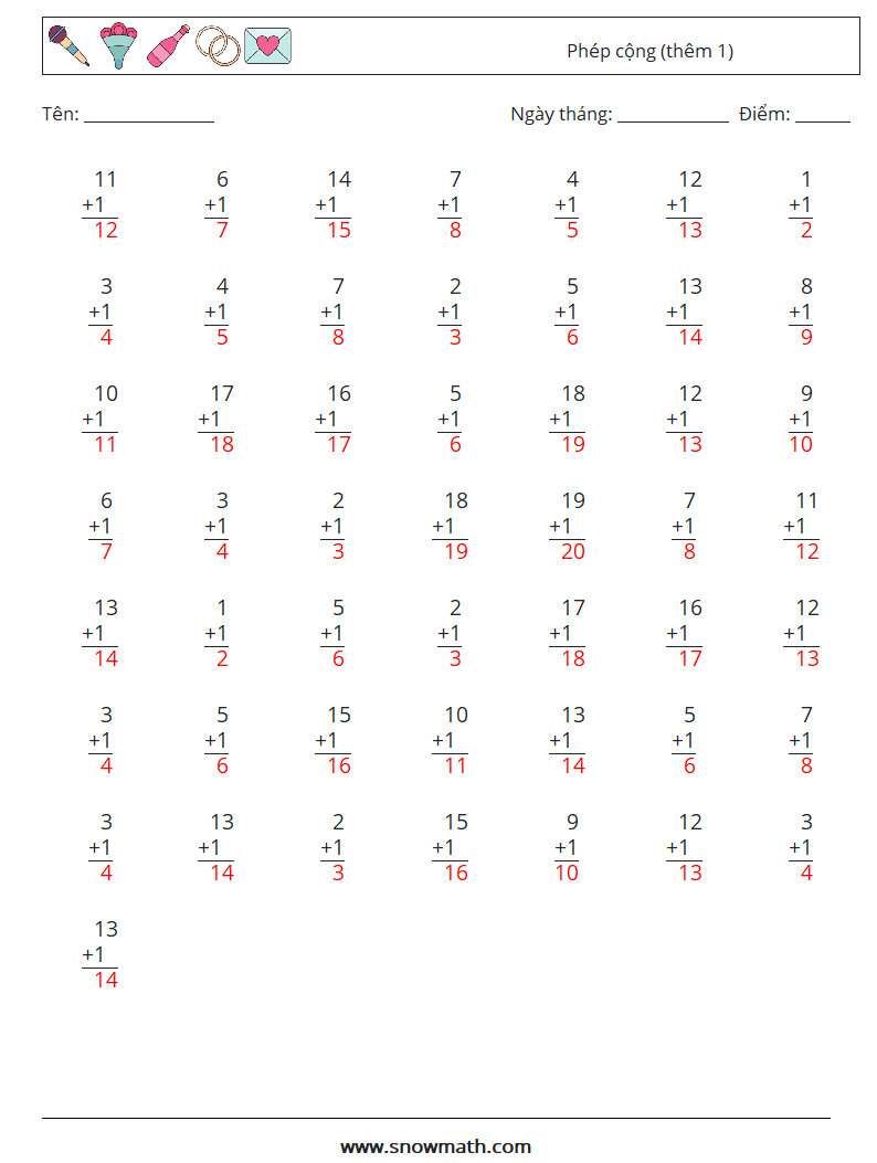 (50) Phép cộng (thêm 1) Bảng tính toán học 10 Câu hỏi, câu trả lời