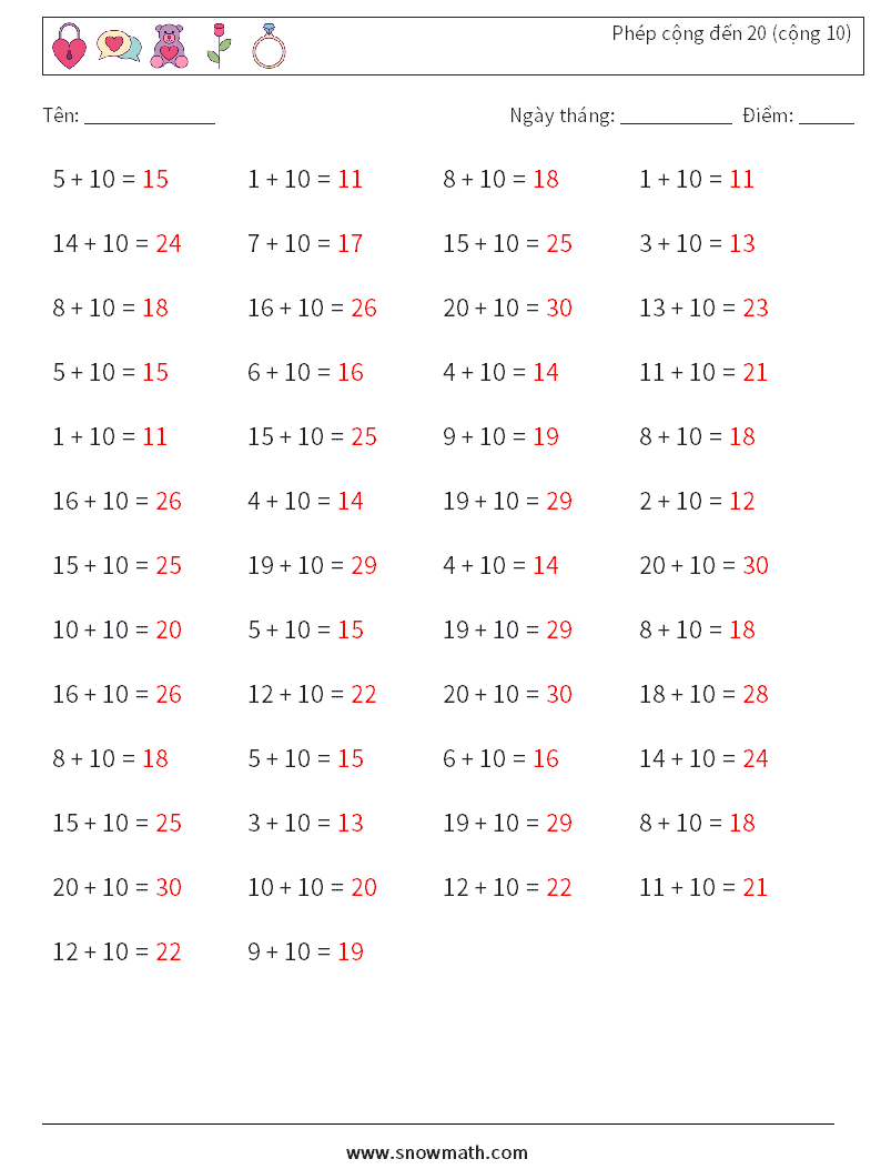 (50) Phép cộng đến 20 (cộng 10) Bảng tính toán học 1 Câu hỏi, câu trả lời