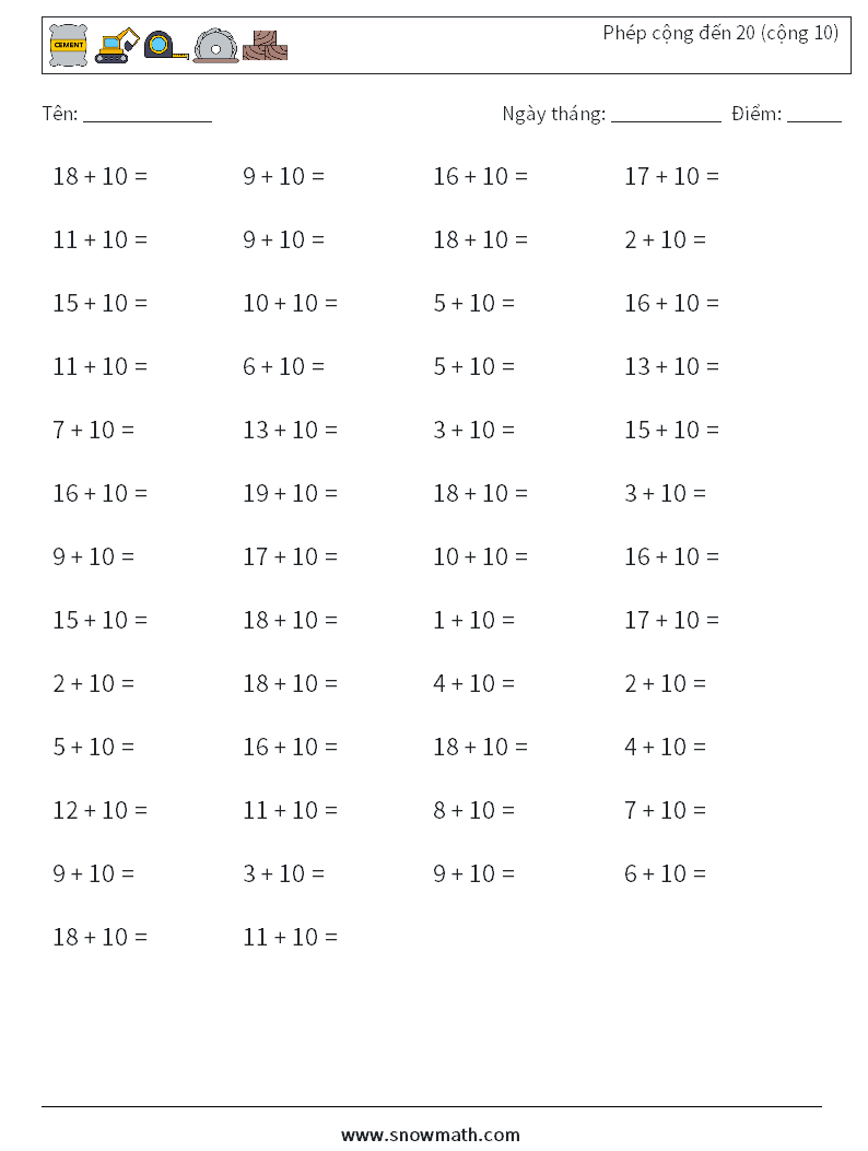 (50) Phép cộng đến 20 (cộng 10) Bảng tính toán học 2