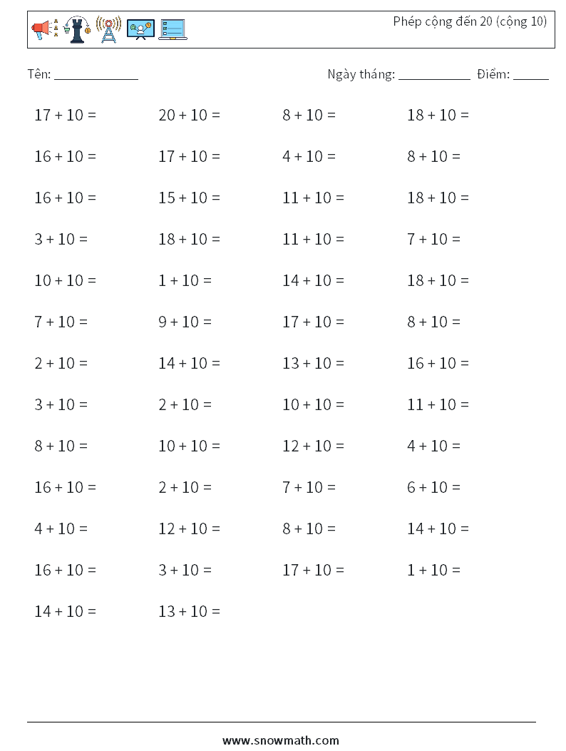 (50) Phép cộng đến 20 (cộng 10) Bảng tính toán học 3