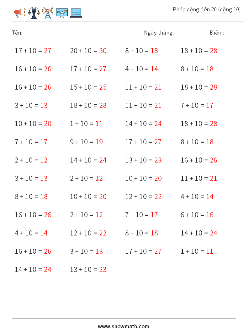 (50) Phép cộng đến 20 (cộng 10) Bảng tính toán học 3 Câu hỏi, câu trả lời
