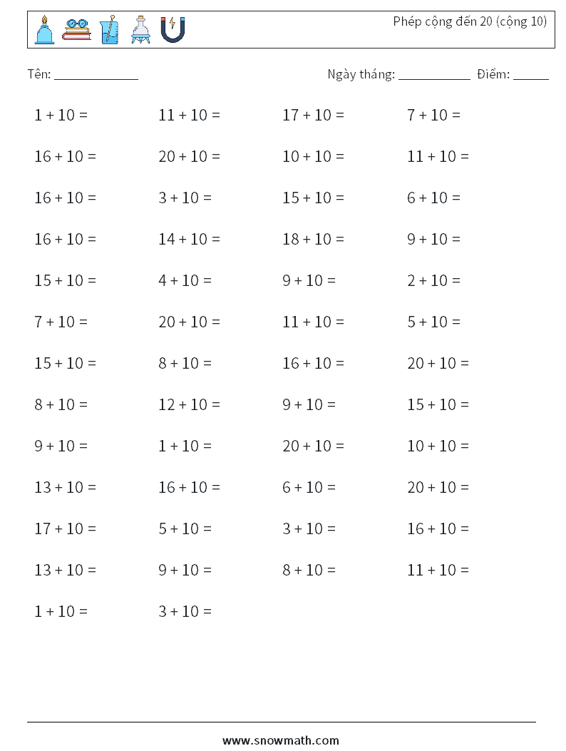 (50) Phép cộng đến 20 (cộng 10) Bảng tính toán học 4