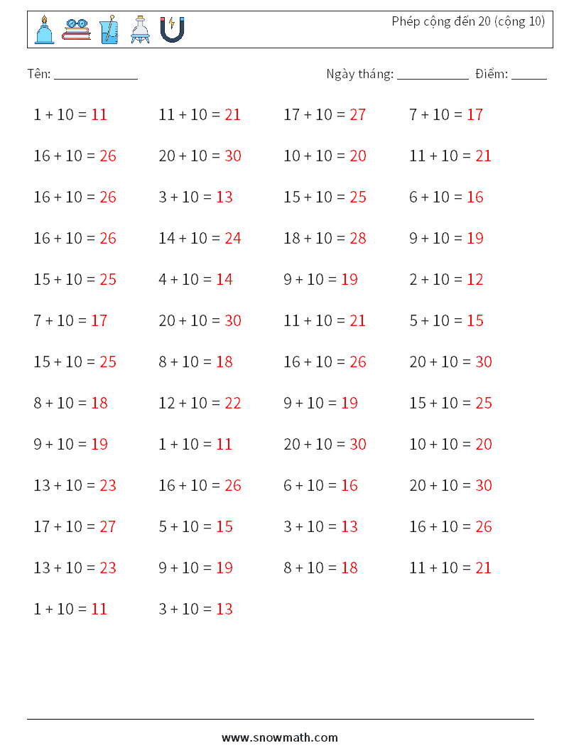 (50) Phép cộng đến 20 (cộng 10) Bảng tính toán học 4 Câu hỏi, câu trả lời