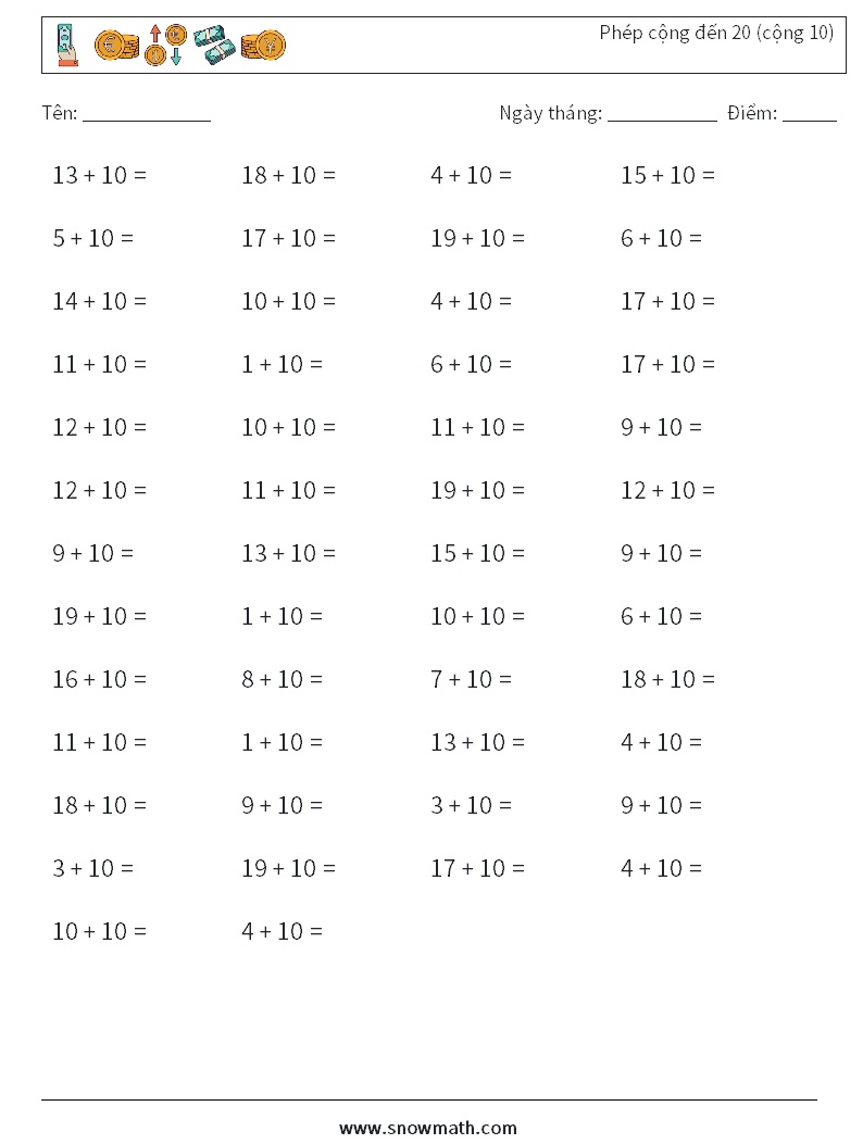 (50) Phép cộng đến 20 (cộng 10) Bảng tính toán học 5