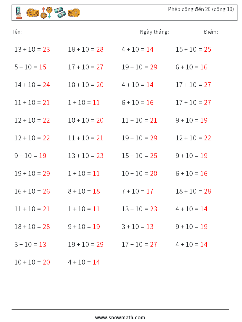 (50) Phép cộng đến 20 (cộng 10) Bảng tính toán học 5 Câu hỏi, câu trả lời