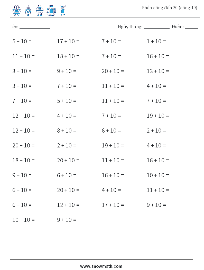 (50) Phép cộng đến 20 (cộng 10) Bảng tính toán học 6