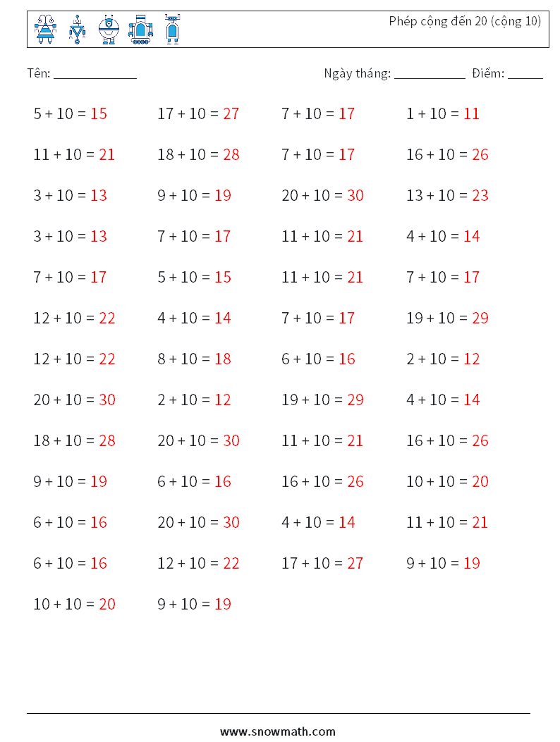 (50) Phép cộng đến 20 (cộng 10) Bảng tính toán học 6 Câu hỏi, câu trả lời