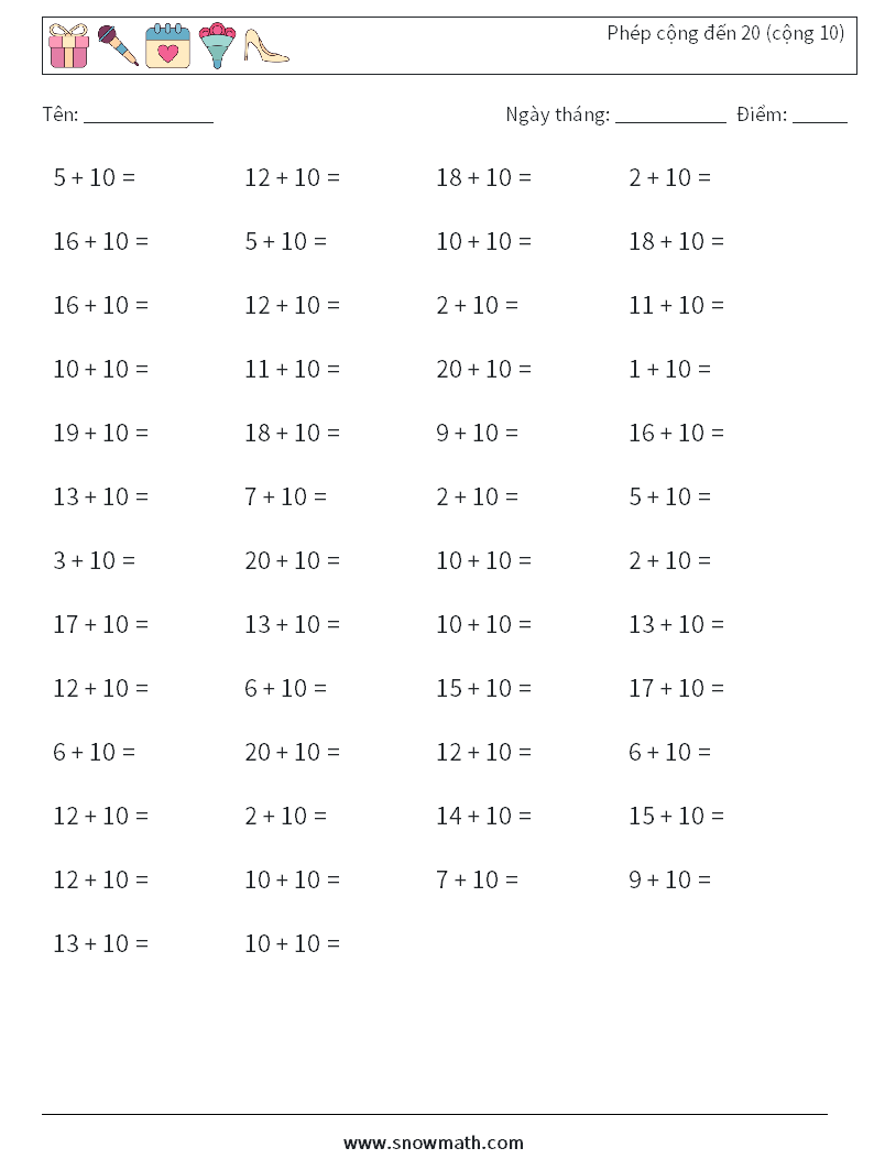 (50) Phép cộng đến 20 (cộng 10) Bảng tính toán học 7