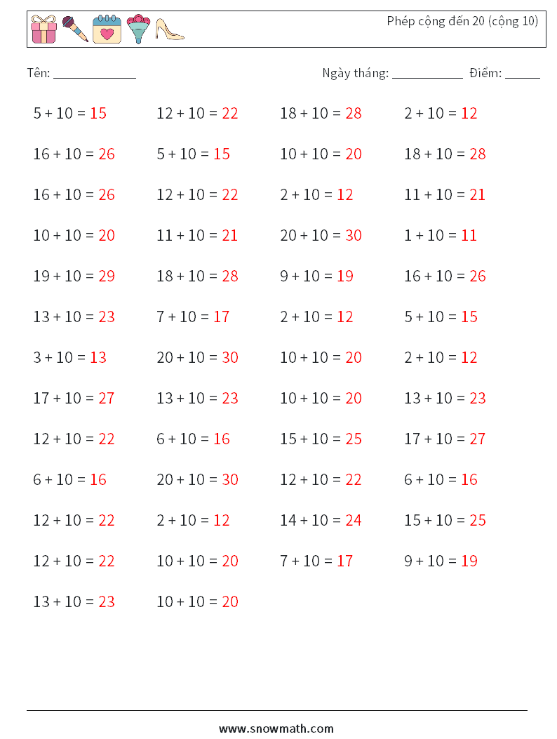 (50) Phép cộng đến 20 (cộng 10) Bảng tính toán học 7 Câu hỏi, câu trả lời