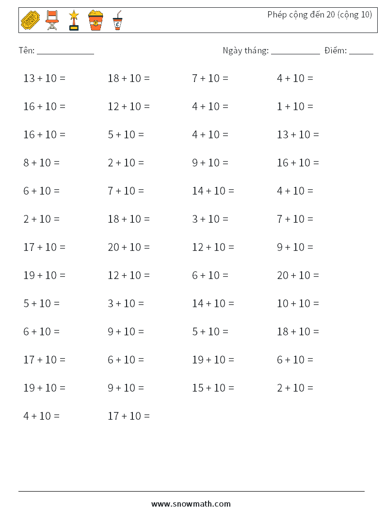 (50) Phép cộng đến 20 (cộng 10) Bảng tính toán học 8