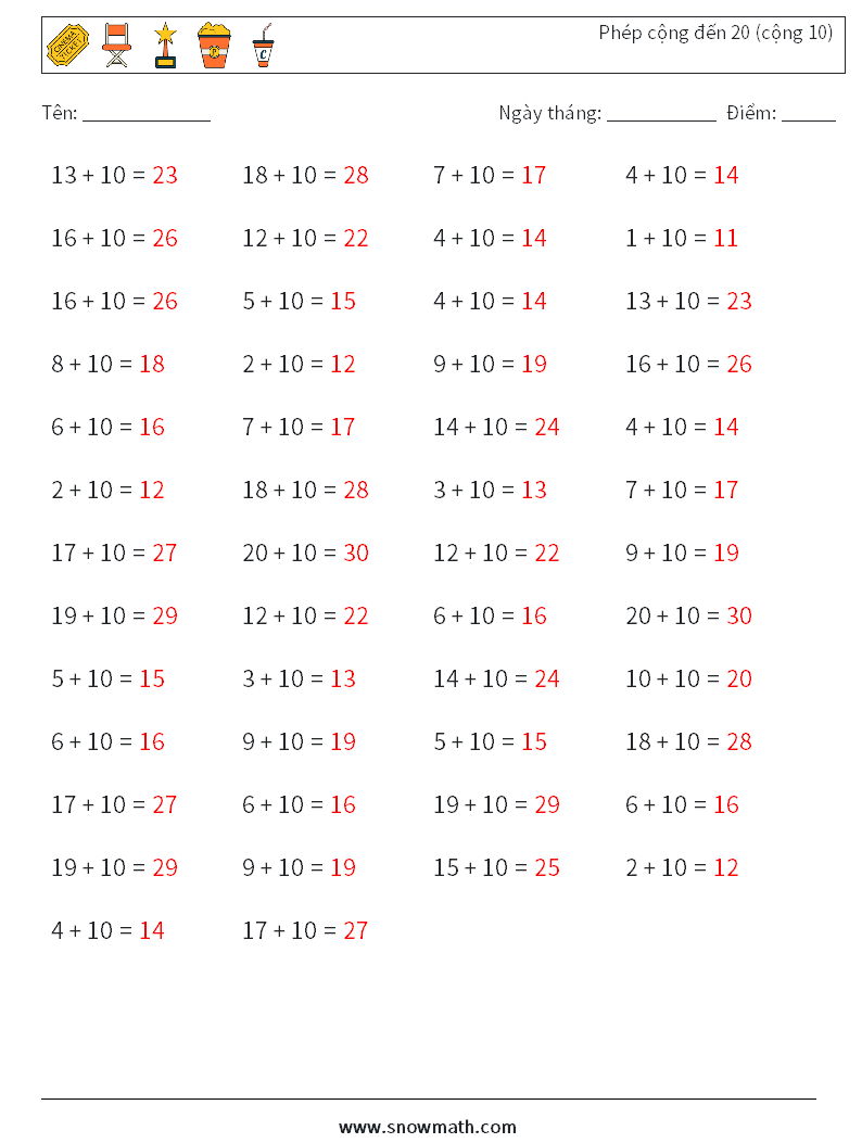 (50) Phép cộng đến 20 (cộng 10) Bảng tính toán học 8 Câu hỏi, câu trả lời