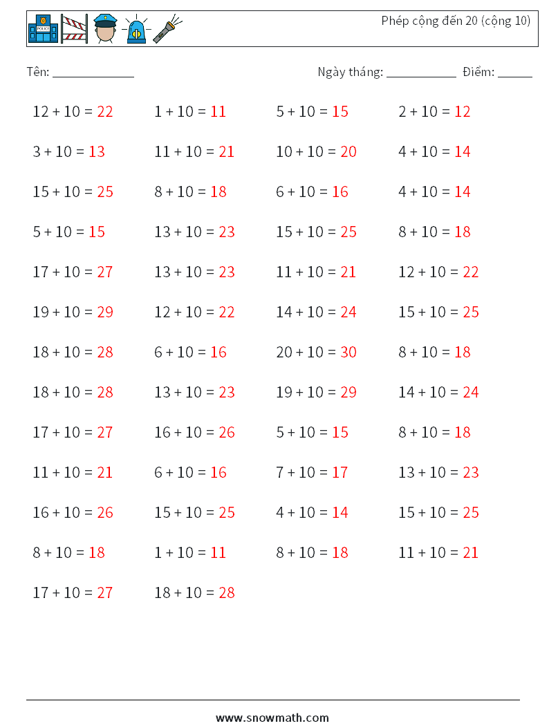 (50) Phép cộng đến 20 (cộng 10) Bảng tính toán học 9 Câu hỏi, câu trả lời
