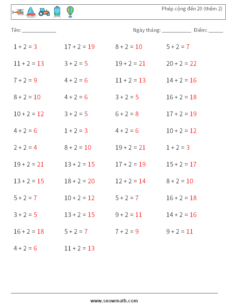 (50) Phép cộng đến 20 (thêm 2) Bảng tính toán học 1 Câu hỏi, câu trả lời