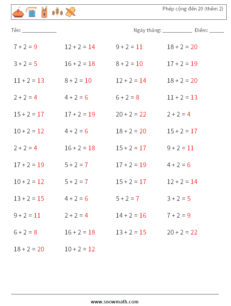 (50) Phép cộng đến 20 (thêm 2) Bảng tính toán học 2 Câu hỏi, câu trả lời