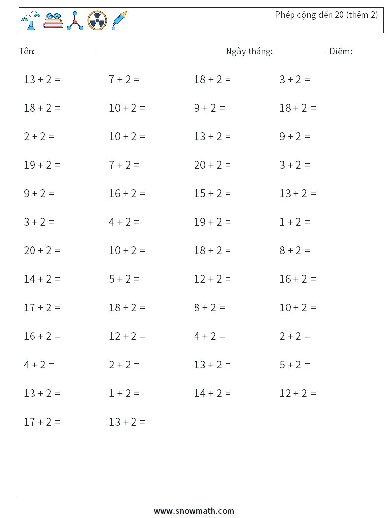 (50) Phép cộng đến 20 (thêm 2) Bảng tính toán học 3