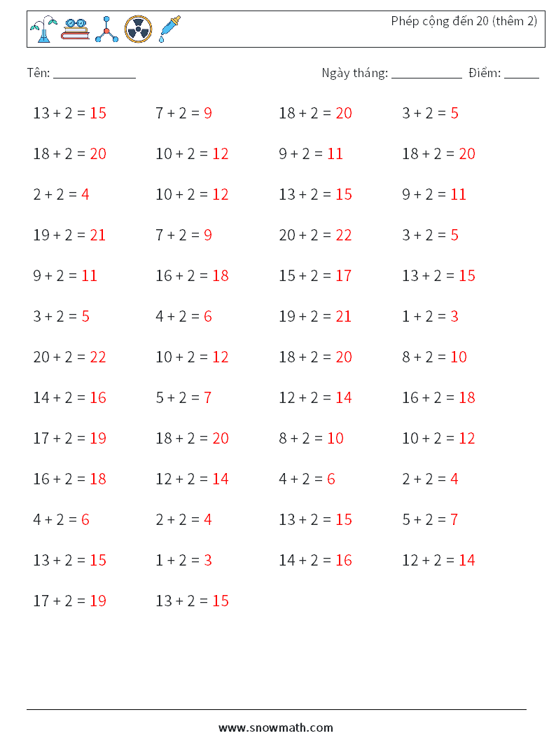 (50) Phép cộng đến 20 (thêm 2) Bảng tính toán học 3 Câu hỏi, câu trả lời