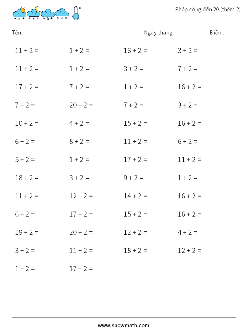 (50) Phép cộng đến 20 (thêm 2) Bảng tính toán học 4