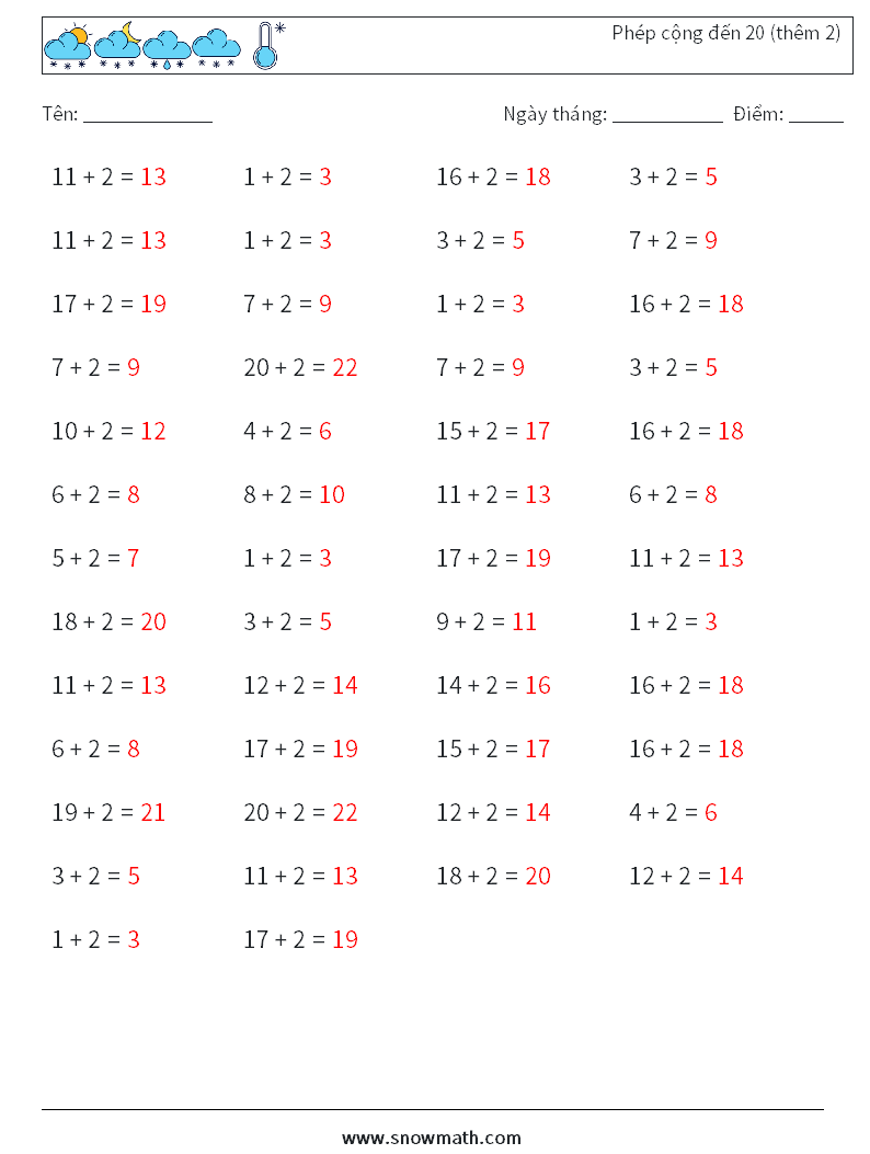 (50) Phép cộng đến 20 (thêm 2) Bảng tính toán học 4 Câu hỏi, câu trả lời