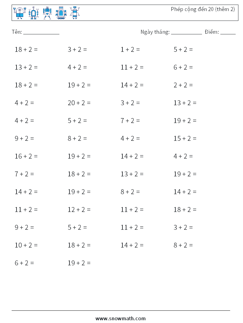 (50) Phép cộng đến 20 (thêm 2) Bảng tính toán học 5