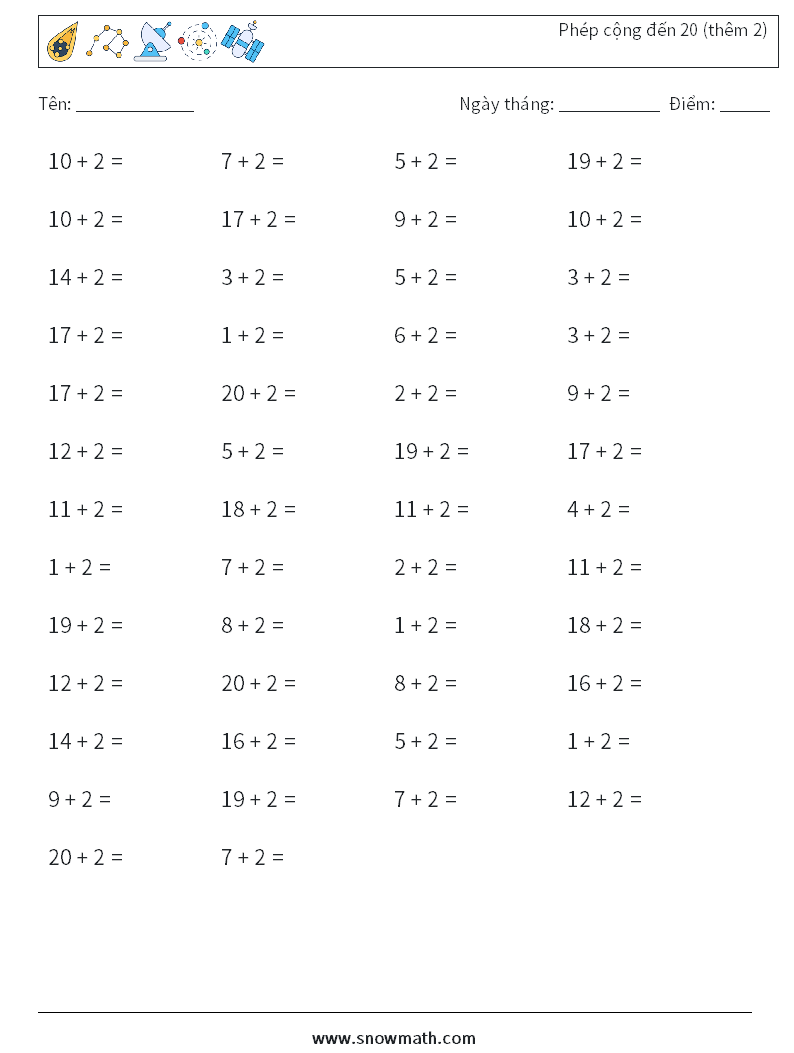 (50) Phép cộng đến 20 (thêm 2) Bảng tính toán học 6