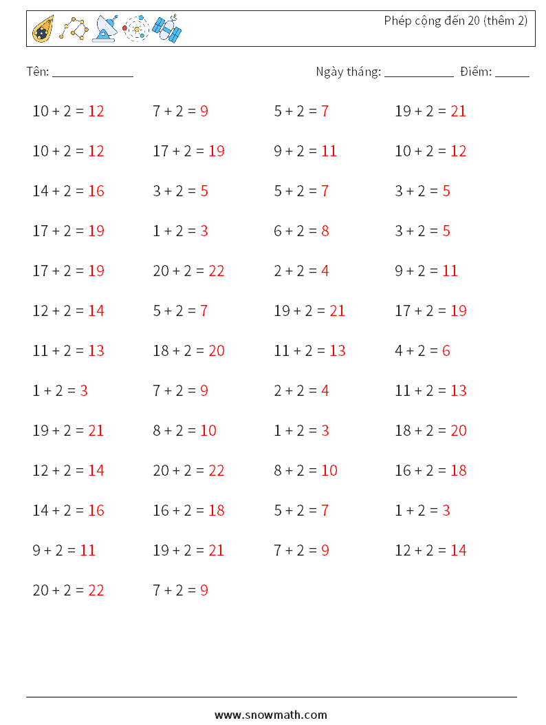 (50) Phép cộng đến 20 (thêm 2) Bảng tính toán học 6 Câu hỏi, câu trả lời