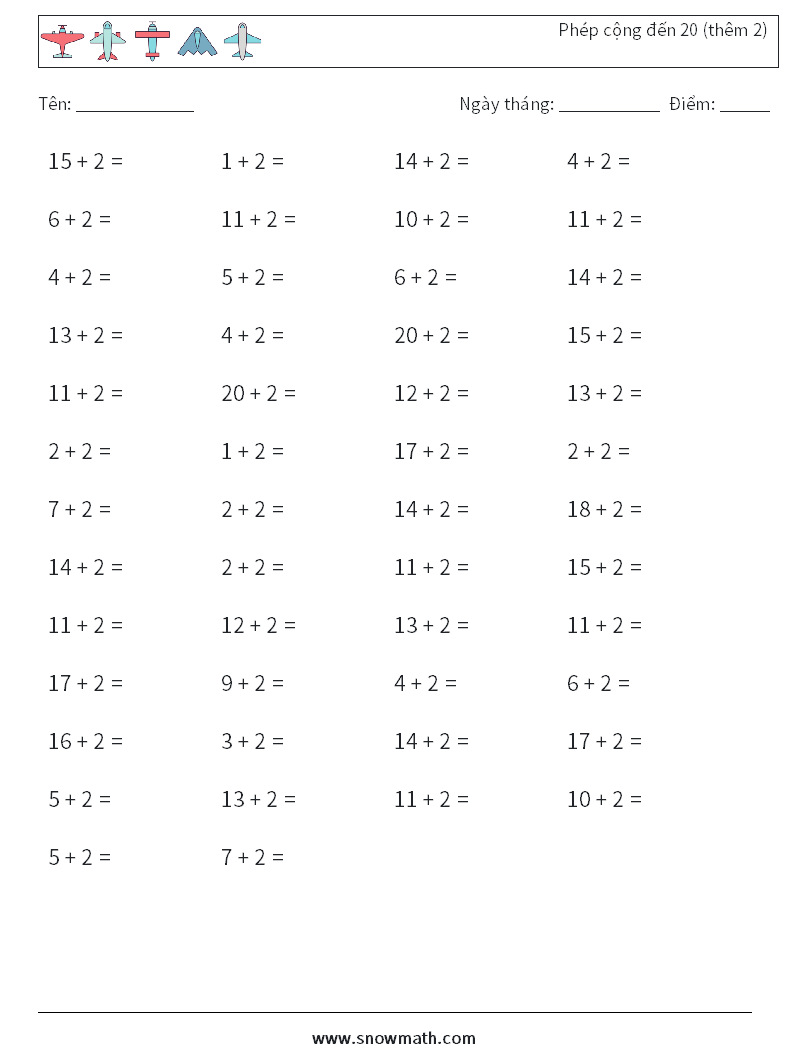 (50) Phép cộng đến 20 (thêm 2) Bảng tính toán học 7