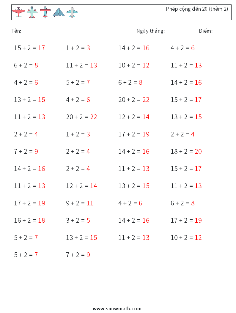 (50) Phép cộng đến 20 (thêm 2) Bảng tính toán học 7 Câu hỏi, câu trả lời