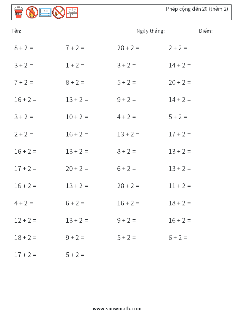 (50) Phép cộng đến 20 (thêm 2) Bảng tính toán học 8