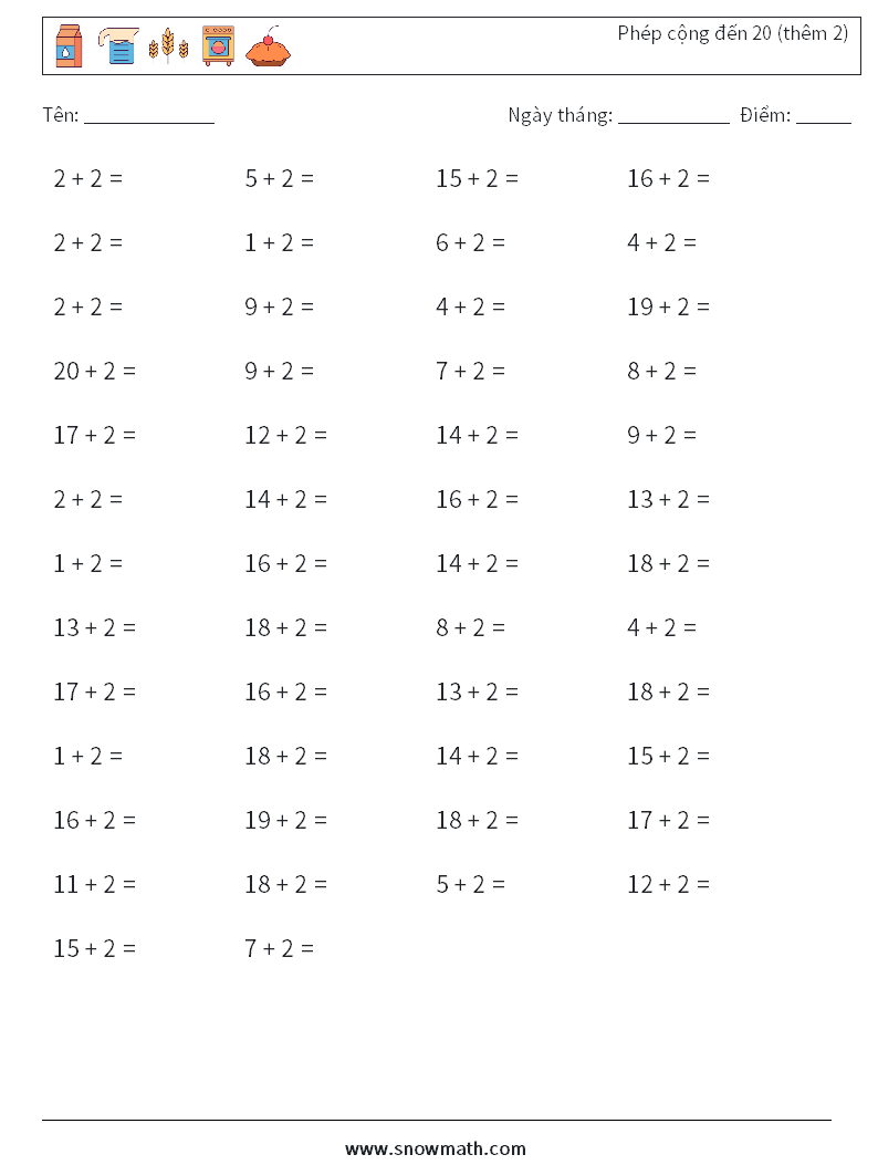 (50) Phép cộng đến 20 (thêm 2) Bảng tính toán học 9