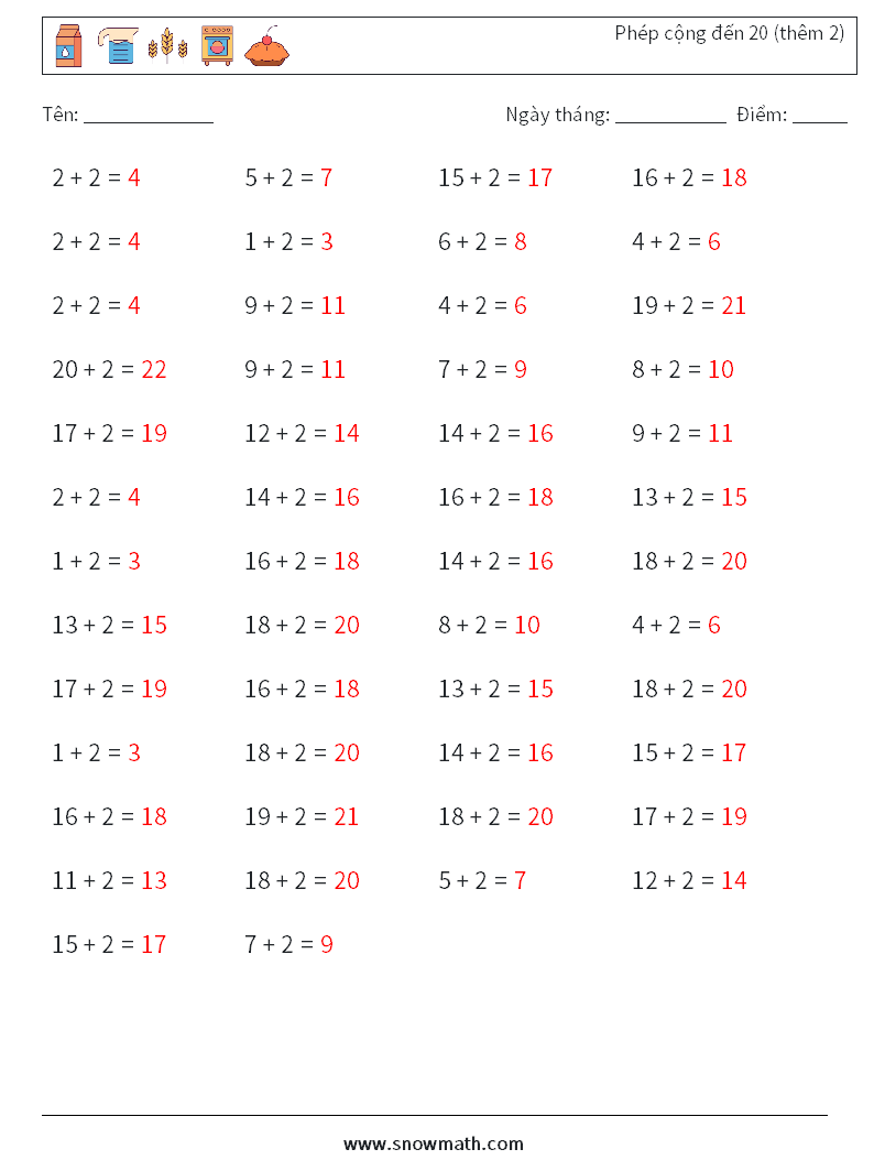 (50) Phép cộng đến 20 (thêm 2) Bảng tính toán học 9 Câu hỏi, câu trả lời