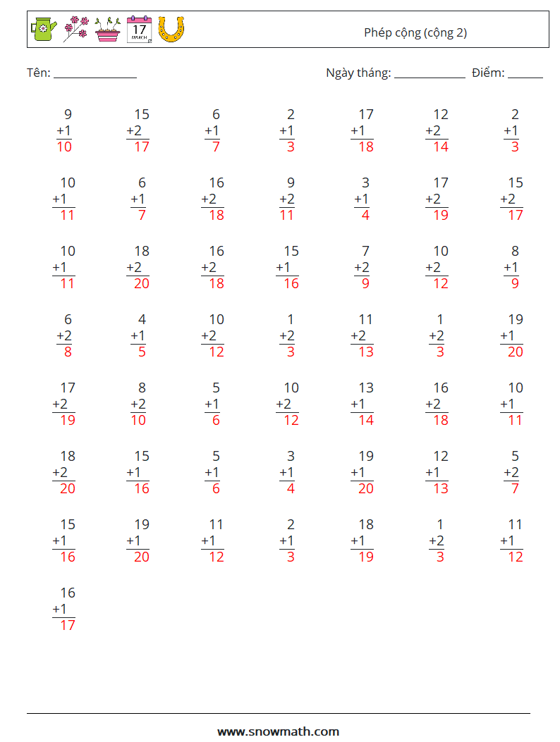 (50) Phép cộng (cộng 2) Bảng tính toán học 10 Câu hỏi, câu trả lời