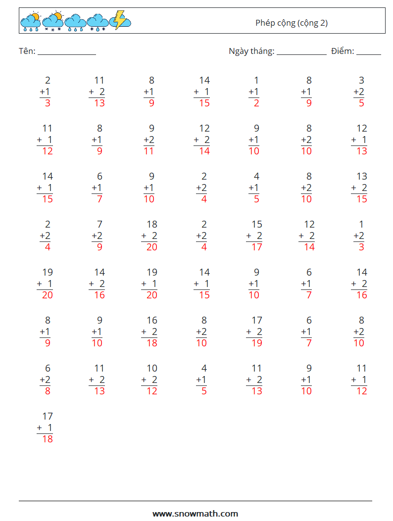 (50) Phép cộng (cộng 2) Bảng tính toán học 12 Câu hỏi, câu trả lời