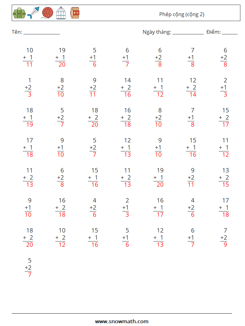 (50) Phép cộng (cộng 2) Bảng tính toán học 16 Câu hỏi, câu trả lời