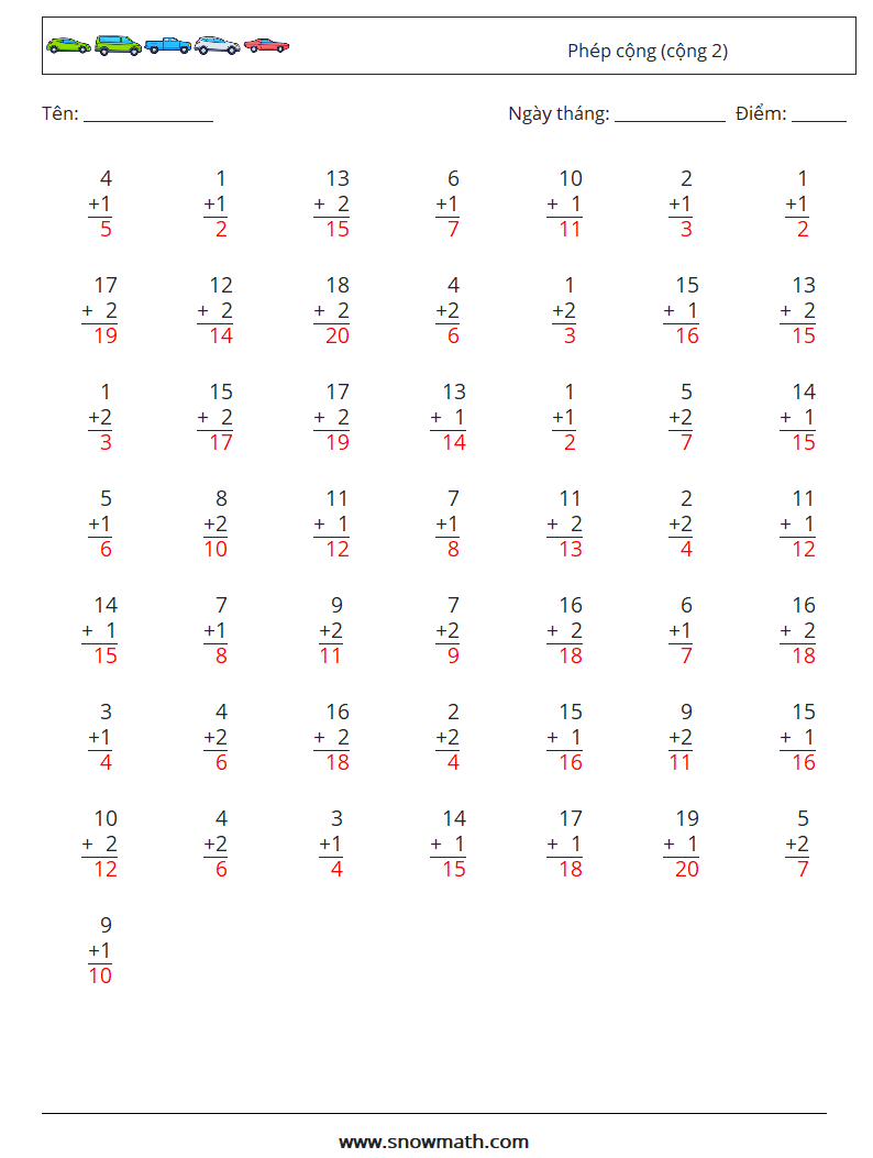 (50) Phép cộng (cộng 2) Bảng tính toán học 5 Câu hỏi, câu trả lời