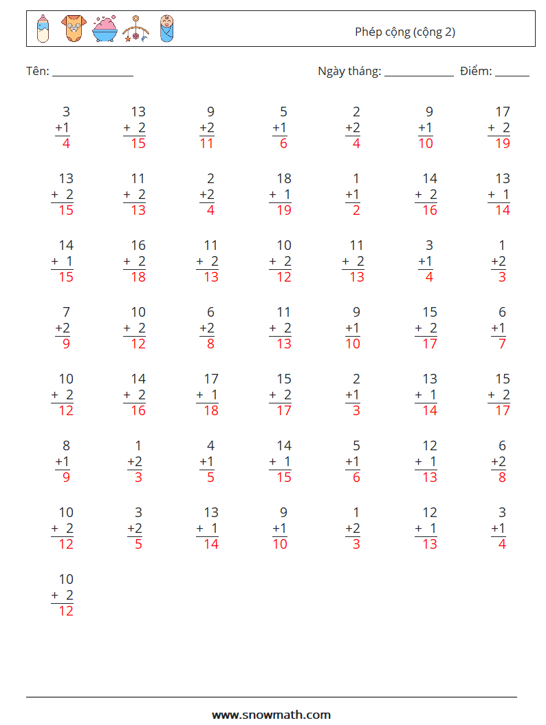 (50) Phép cộng (cộng 2) Bảng tính toán học 8 Câu hỏi, câu trả lời