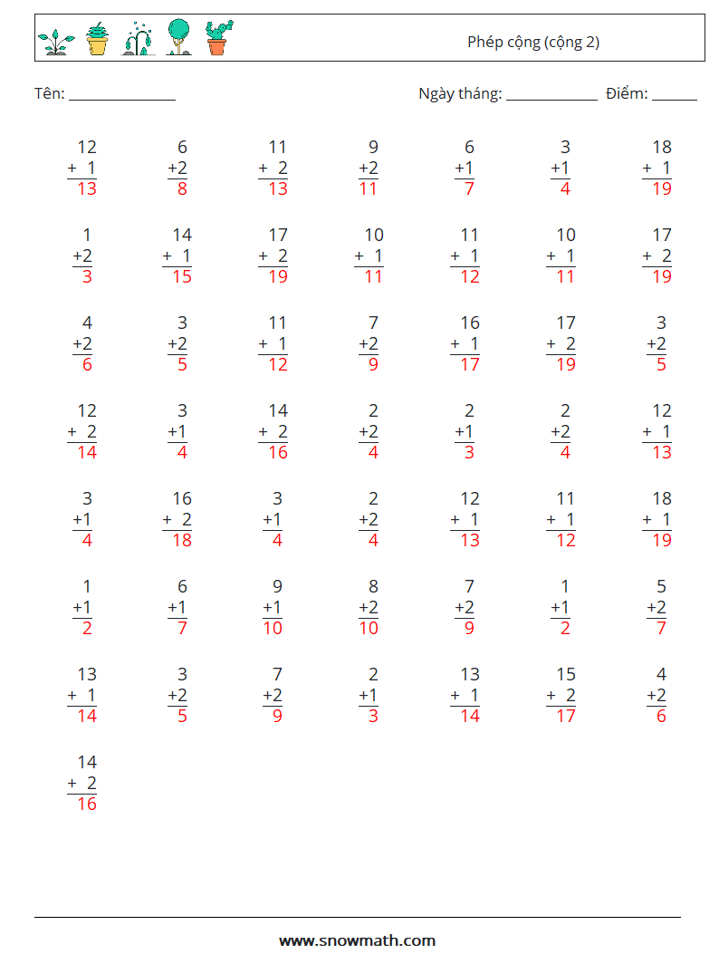 (50) Phép cộng (cộng 2) Bảng tính toán học 9 Câu hỏi, câu trả lời