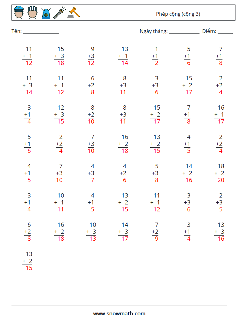 (50) Phép cộng (cộng 3) Bảng tính toán học 17 Câu hỏi, câu trả lời