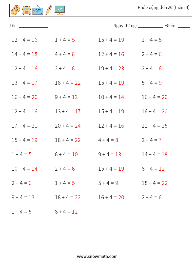 (50) Phép cộng đến 20 (thêm 4) Bảng tính toán học 1 Câu hỏi, câu trả lời