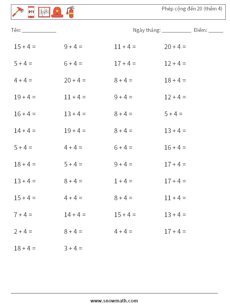 (50) Phép cộng đến 20 (thêm 4) Bảng tính toán học 2