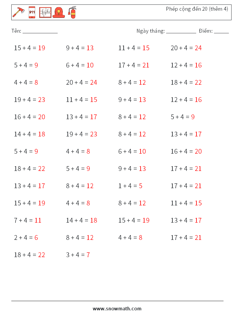 (50) Phép cộng đến 20 (thêm 4) Bảng tính toán học 2 Câu hỏi, câu trả lời