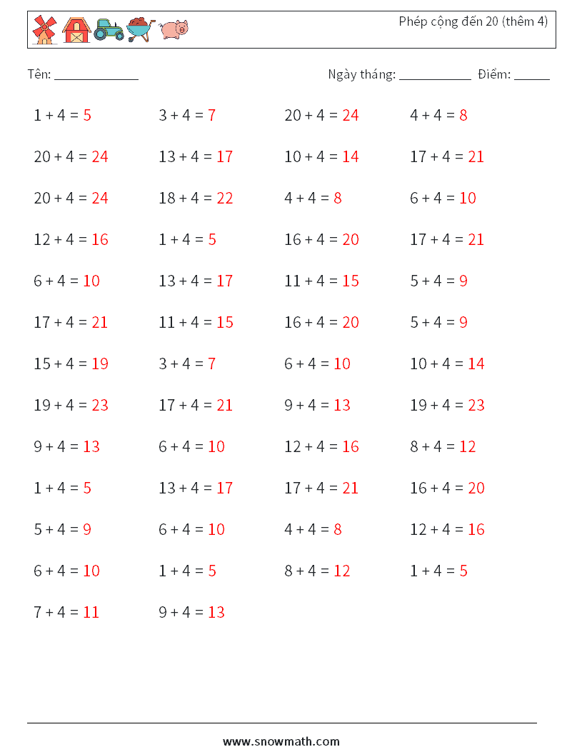 (50) Phép cộng đến 20 (thêm 4) Bảng tính toán học 3 Câu hỏi, câu trả lời