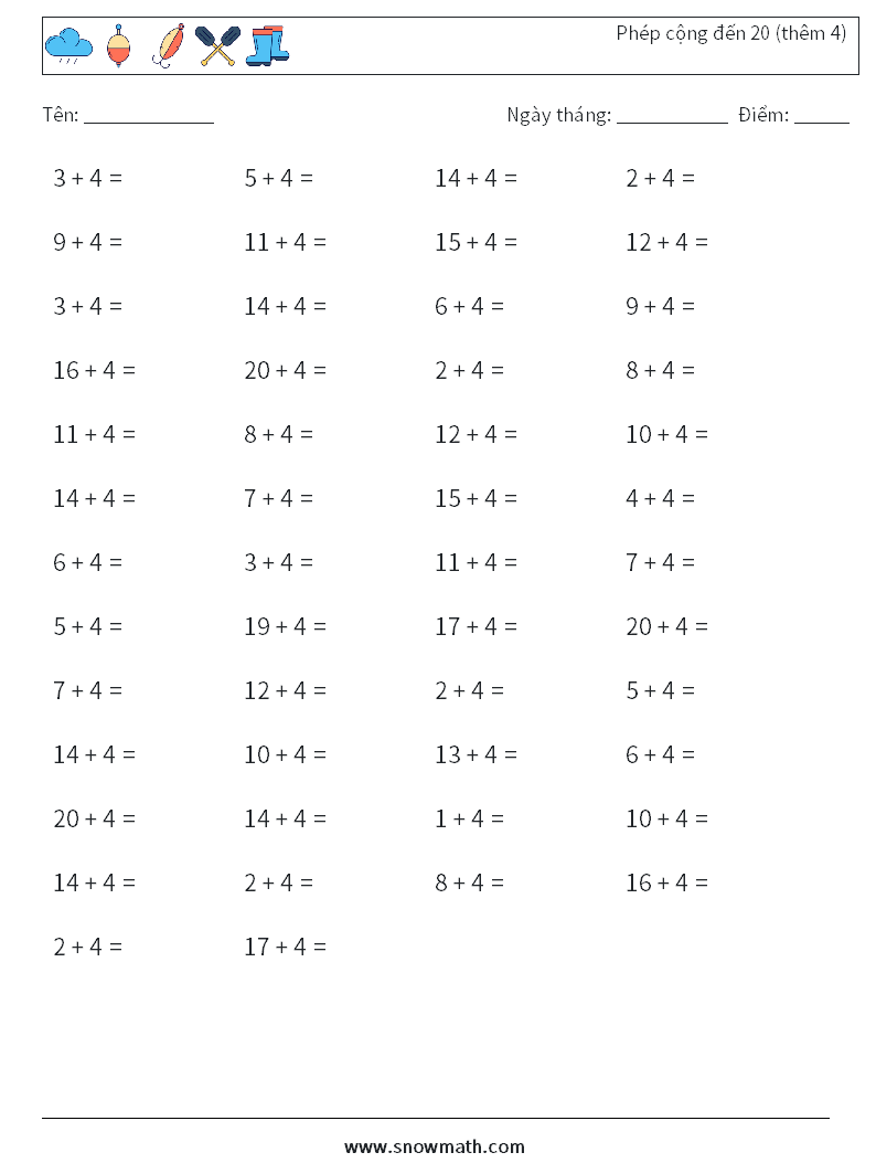 (50) Phép cộng đến 20 (thêm 4) Bảng tính toán học 4