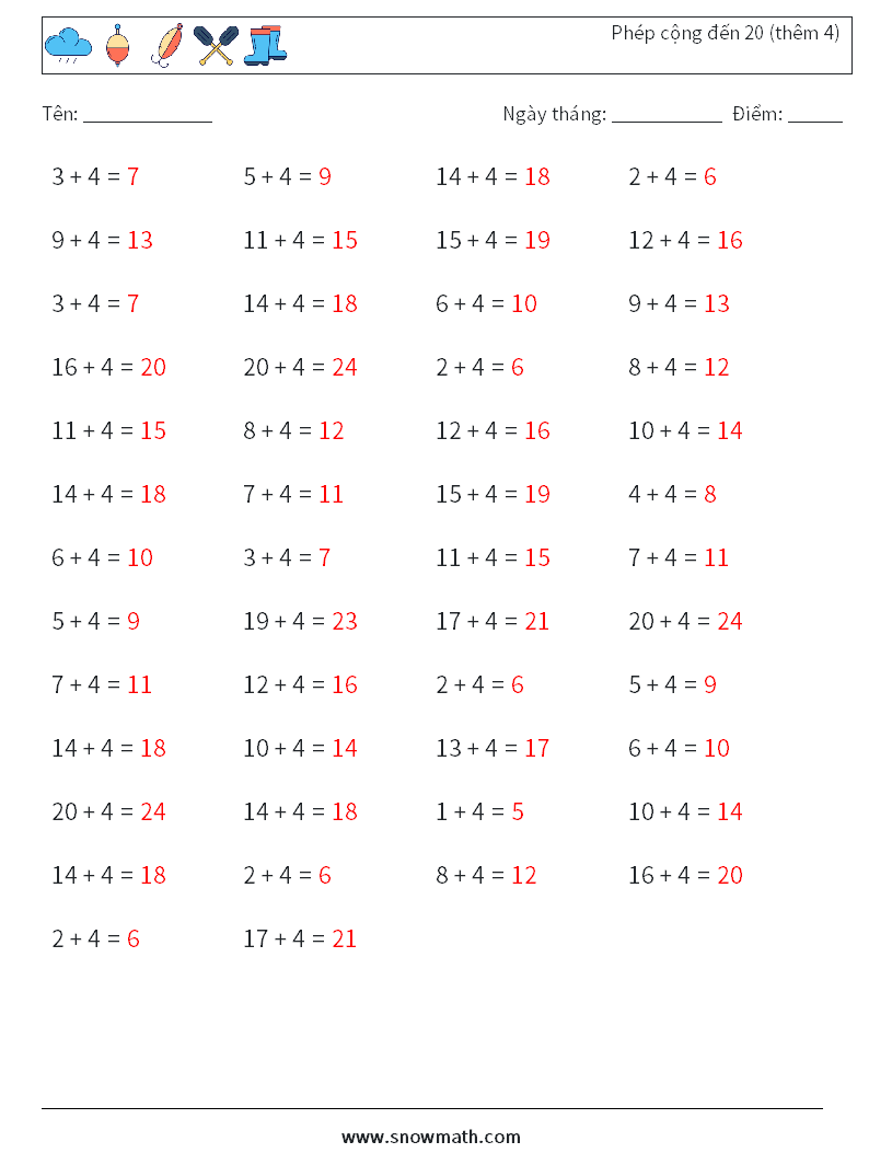 (50) Phép cộng đến 20 (thêm 4) Bảng tính toán học 4 Câu hỏi, câu trả lời