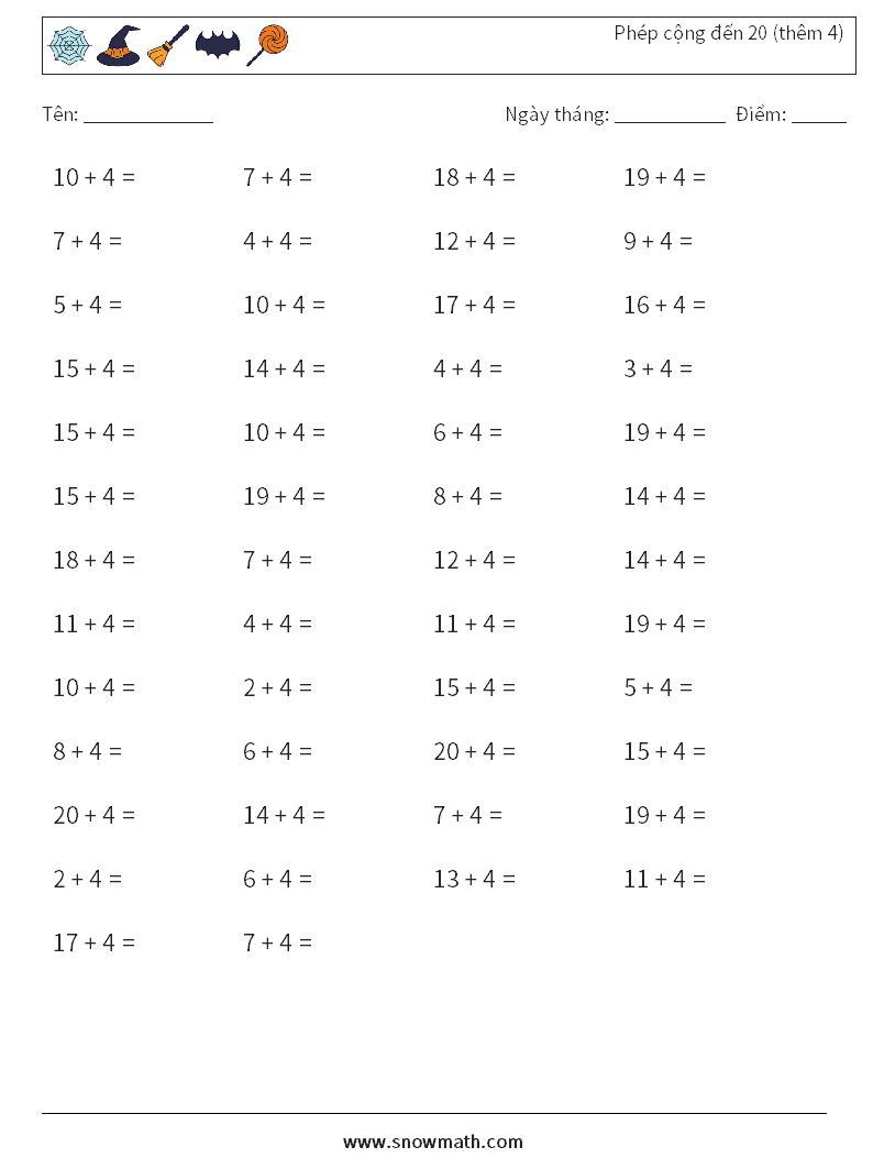 (50) Phép cộng đến 20 (thêm 4) Bảng tính toán học 5