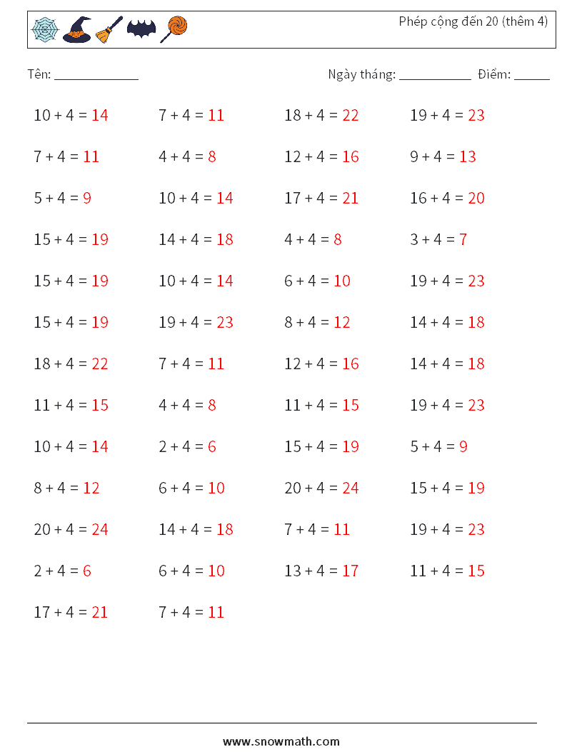 (50) Phép cộng đến 20 (thêm 4) Bảng tính toán học 5 Câu hỏi, câu trả lời