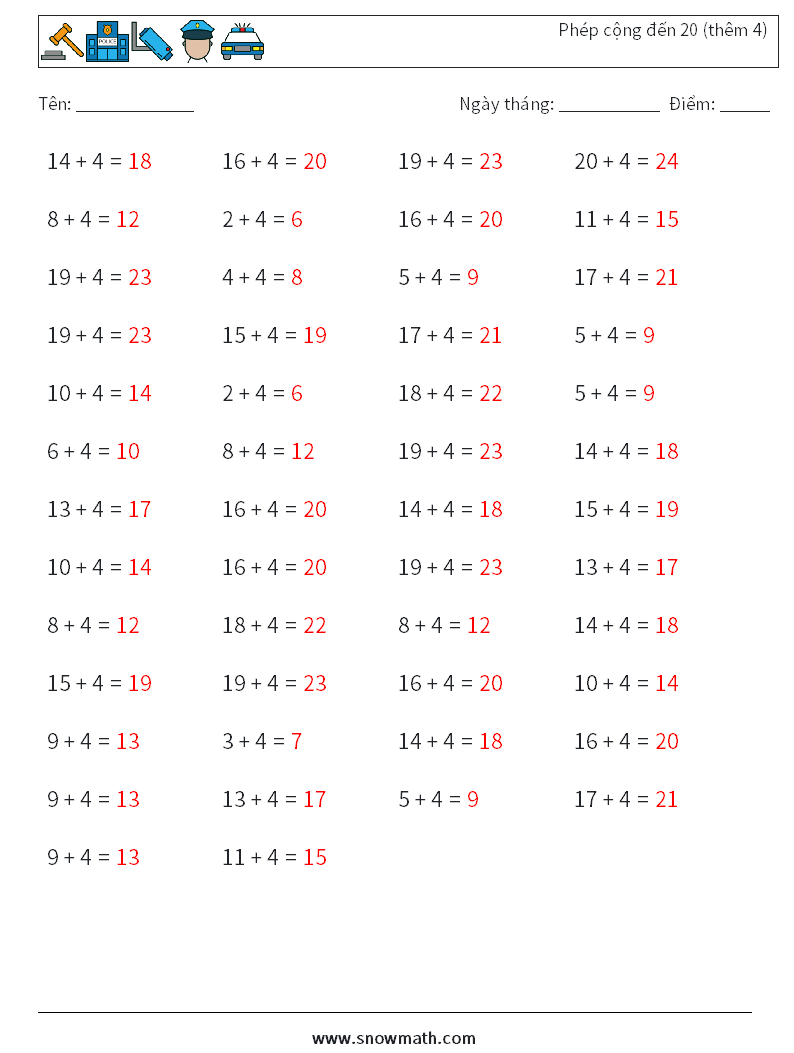 (50) Phép cộng đến 20 (thêm 4) Bảng tính toán học 6 Câu hỏi, câu trả lời
