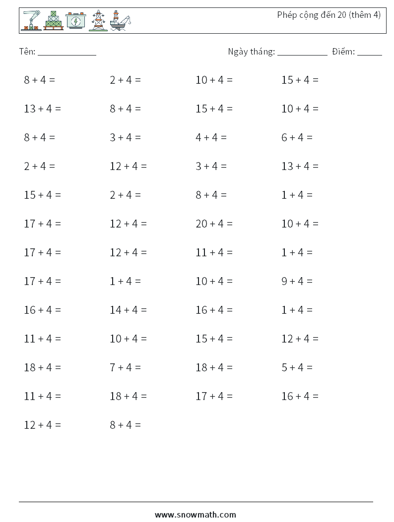 (50) Phép cộng đến 20 (thêm 4) Bảng tính toán học 7