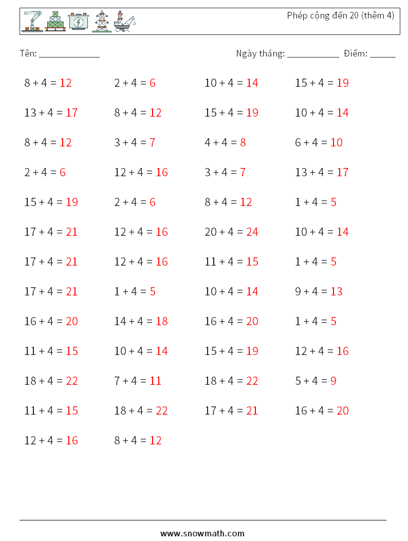 (50) Phép cộng đến 20 (thêm 4) Bảng tính toán học 7 Câu hỏi, câu trả lời