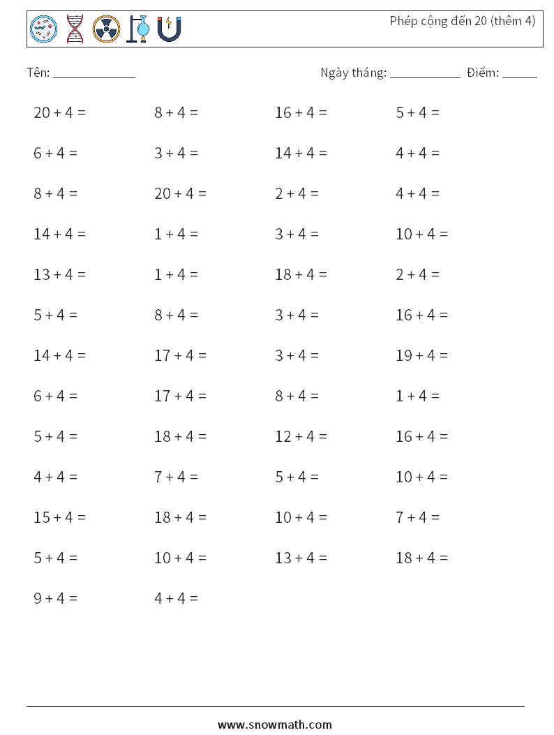 (50) Phép cộng đến 20 (thêm 4) Bảng tính toán học 8