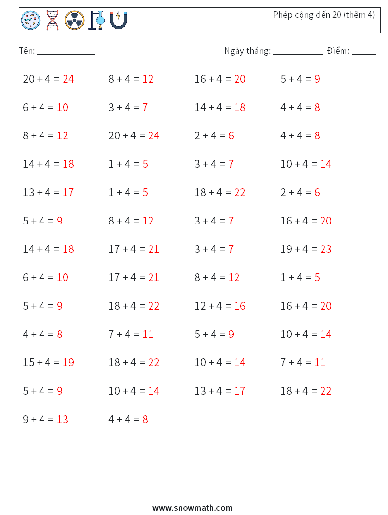 (50) Phép cộng đến 20 (thêm 4) Bảng tính toán học 8 Câu hỏi, câu trả lời